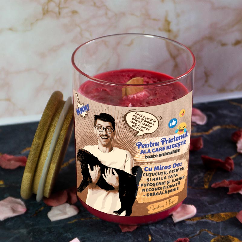 lumanare-parfumata-personalizata-prietenul-care-iubeste-toate-animalele-2 lumânare parfumată personalizată cadou, din ceară de soia și cu fitil din lemn, cu mesaj pentru prietenul care iubește toate animalele