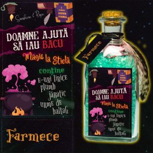 sare de baie parfumată în sticlă cu dop de plută și aspect de poțiune magică pentru bacalaureat, cu textul: „doamne ajută să iau bacul, magie la sticlă, conține e-uri lirice, plumb, jăratic, urme de baltag, farmece”