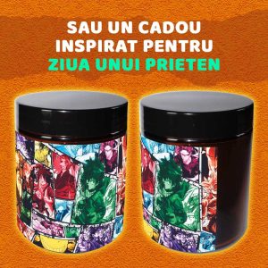 lumânare parfumată personalizată cu design de desene animate, cu textul: „un cadou inspirat pentru ziua unui prieten”