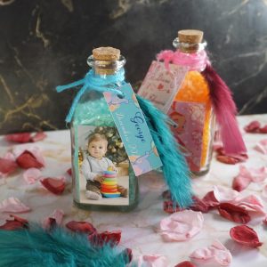 mărturii de botez în sticle cu dop de plută, cu sare de baie parfumată și etichetă, personalizate cu imaginea copilului